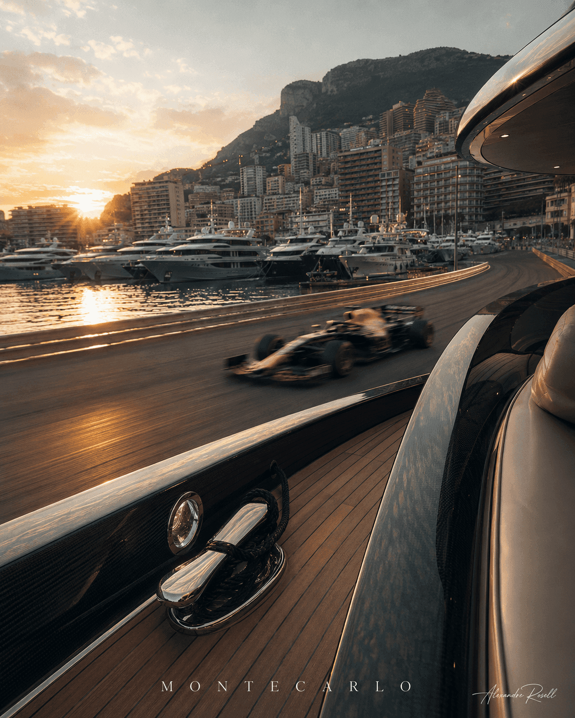 A Formula 1 car blurring along the Monaco harbour at sunset, seen from the teak deck of a moored yacht, marked Monte Carlo.