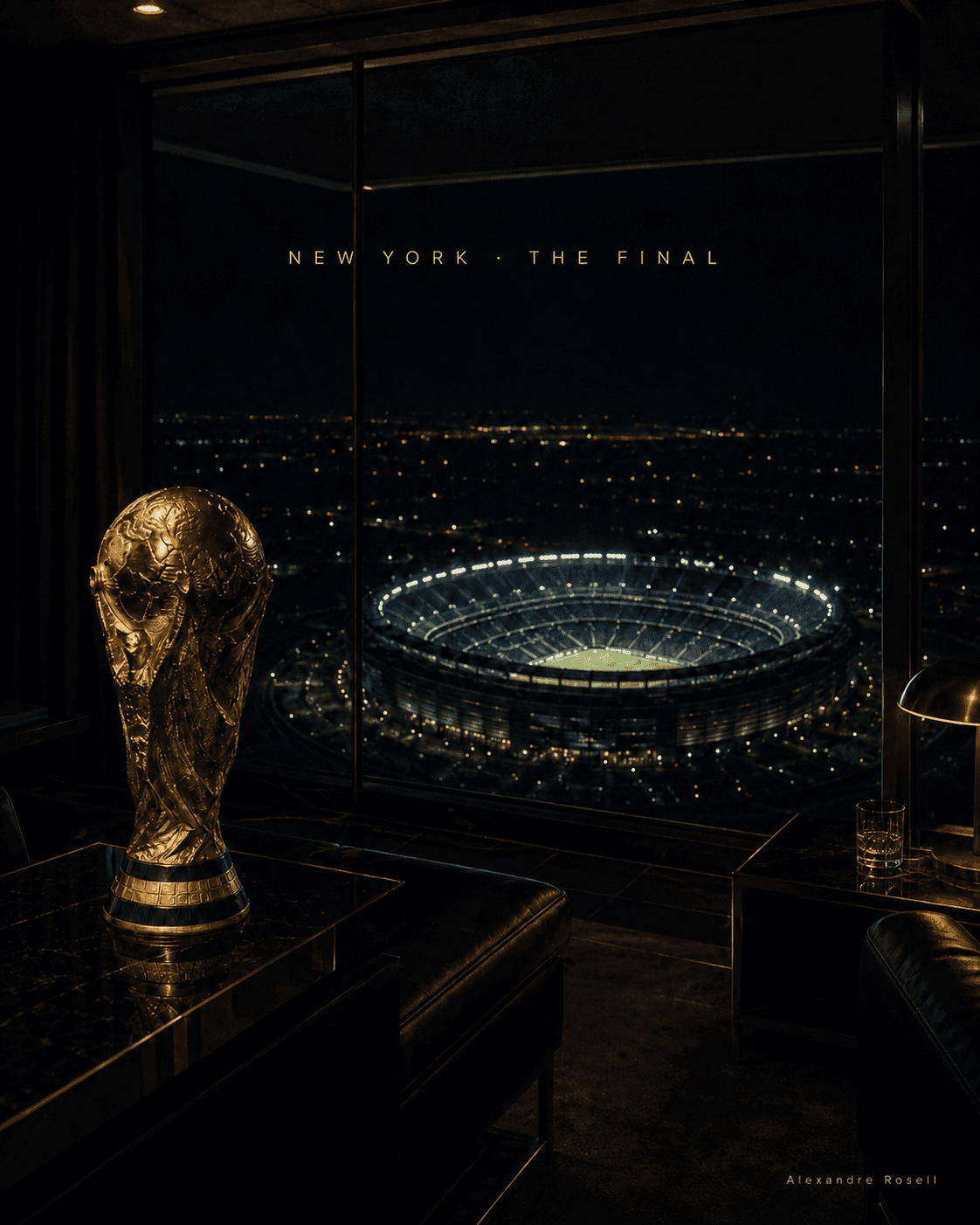 The World Cup trophy in gold on dark stone before a floodlit stadium at night, titled New York, The Final.