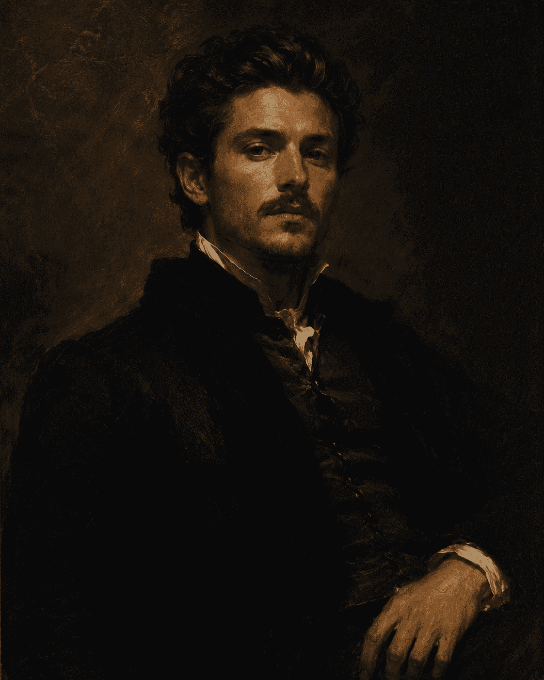 An oil portrait of a young man in dark dress, lit in the manner of the old masters against a shadowed ground.