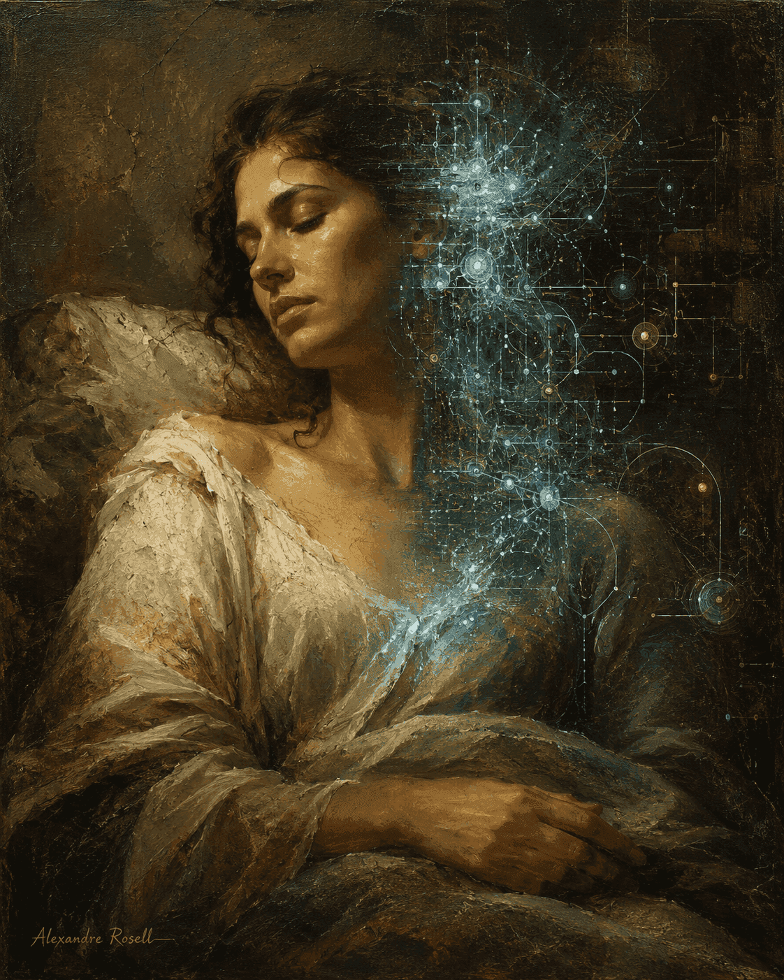A painted woman in repose, a constellation of blue light threaded through her form.