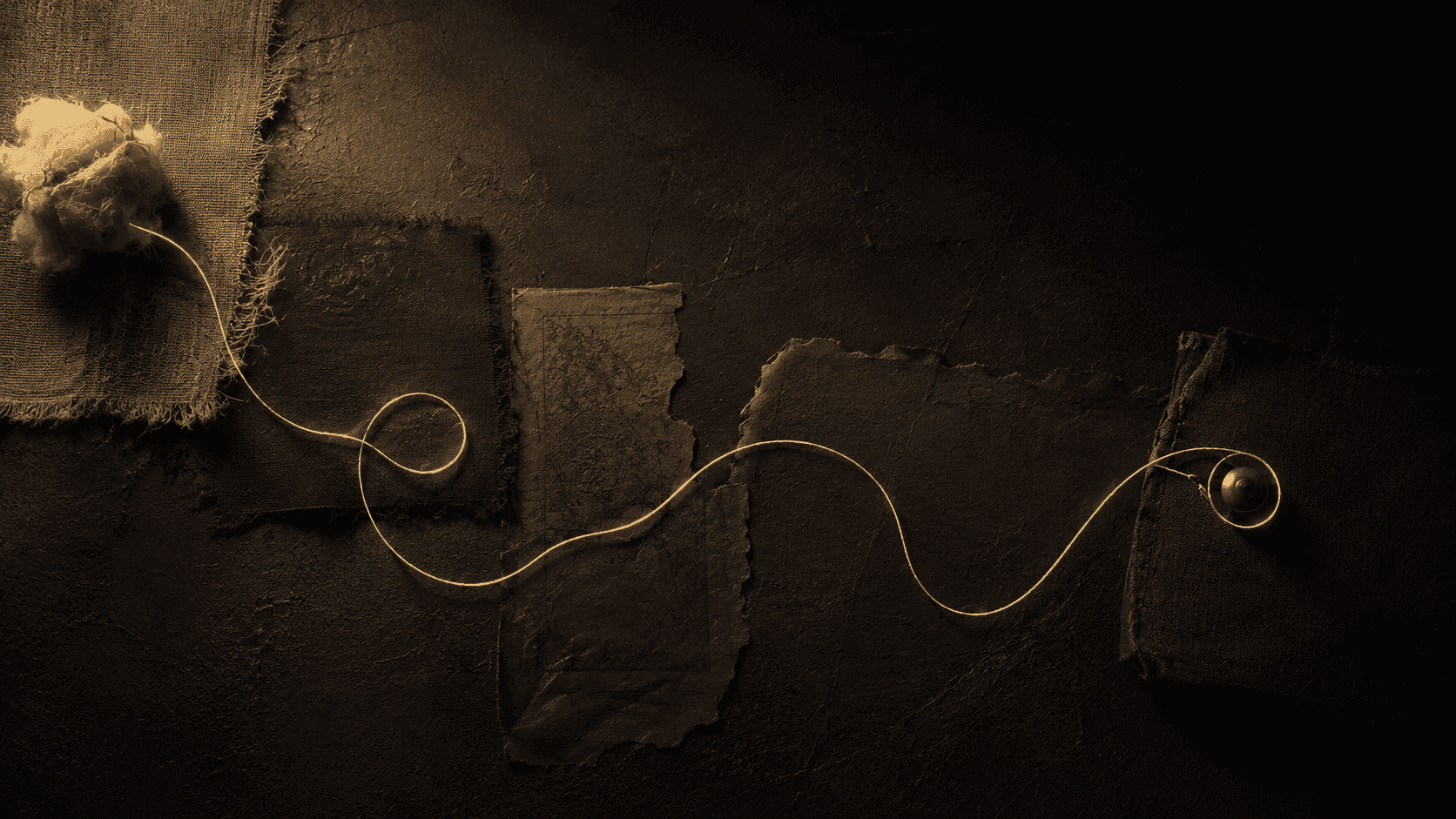 A single gold thread winding across torn linen and dark plaster, ending in a small brass weight.