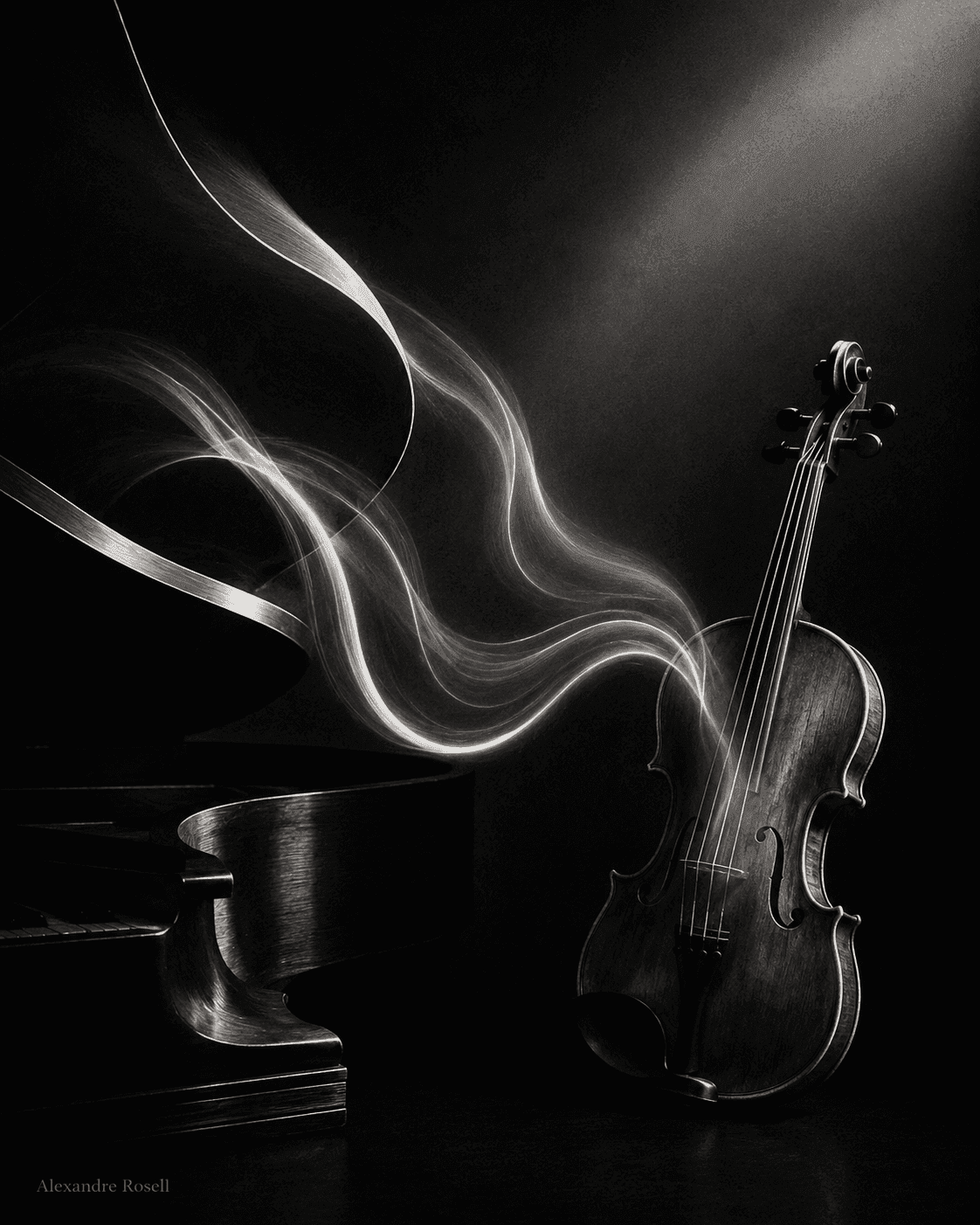 A violin and grand piano dissolving into ribbons of white smoke on a black ground.