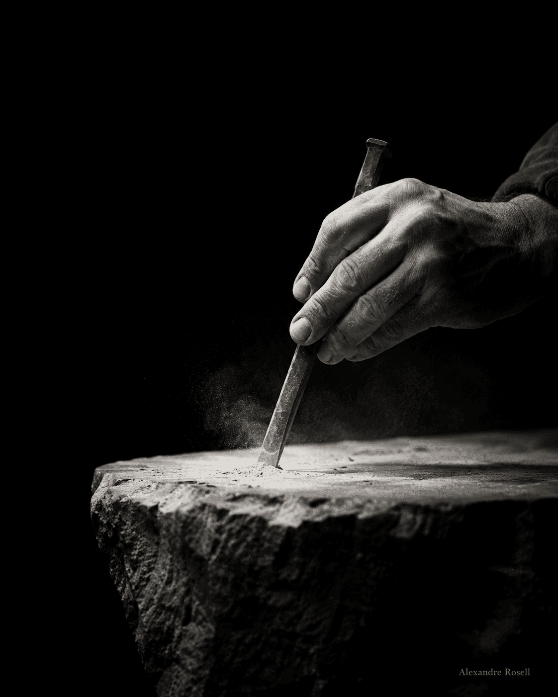 A weathered hand drawing a chisel across raw stone, dust rising in a low key of grey.