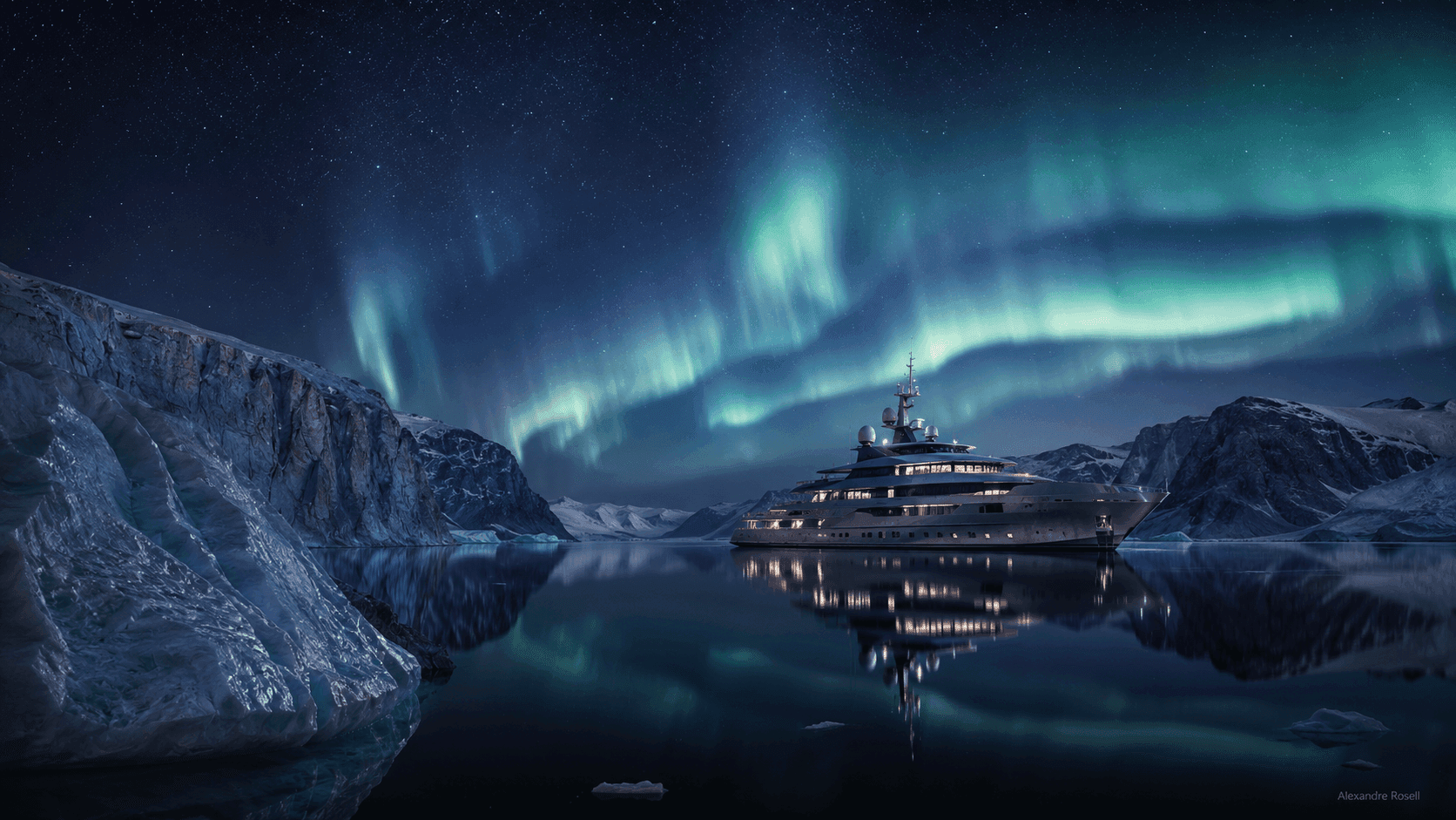 A superyacht moored in a still arctic fjord beneath green aurora, its lights mirrored on black water.