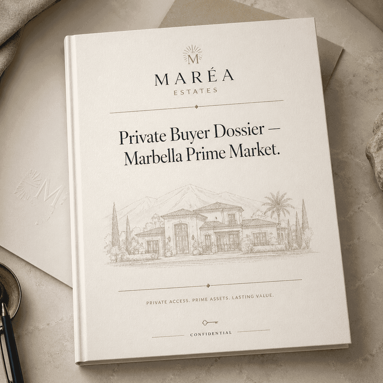 The Private Buyer Dossier for the Marbella prime market, cream and gold, photographed on a desk.