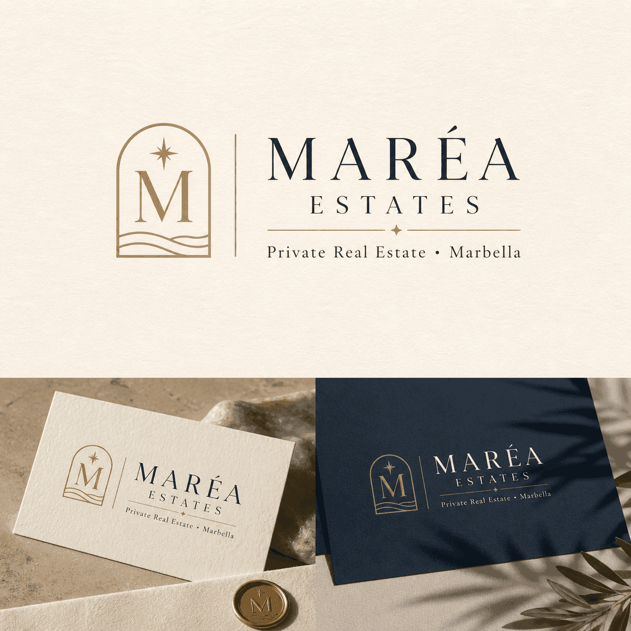 The MARÉA Estates identity, an arched M monogram and serif wordmark in gold on a card, a navy folder and a wax seal.