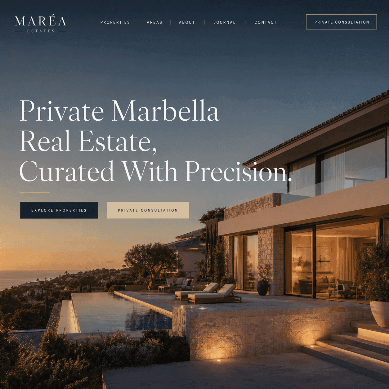 The MARÉA Estates landing page, a cliffside villa at golden hour under the line Private Marbella Real Estate, Curated With Precision.
