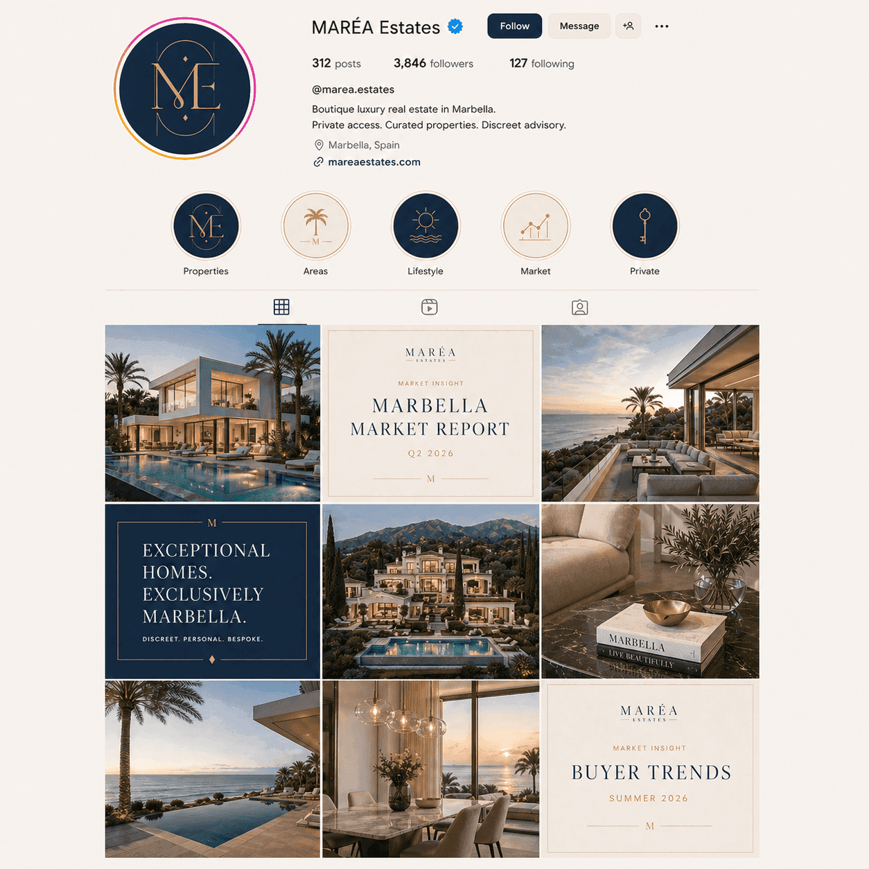 The MARÉA Estates Instagram grid, villas and navy market-report cards in one editorial feed.