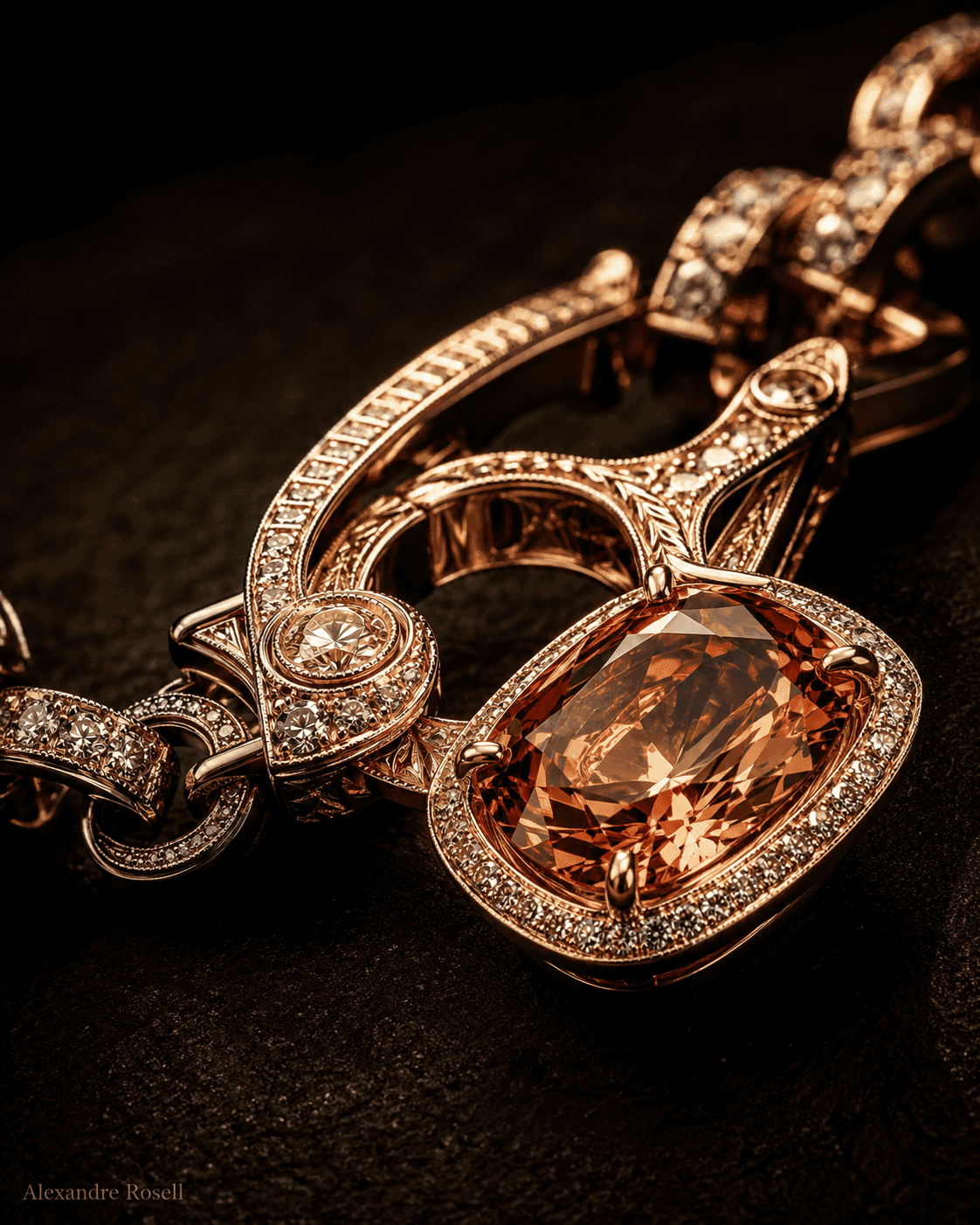 A cushion-cut cognac diamond framed in pavé and rose gold, lit against dark leather.