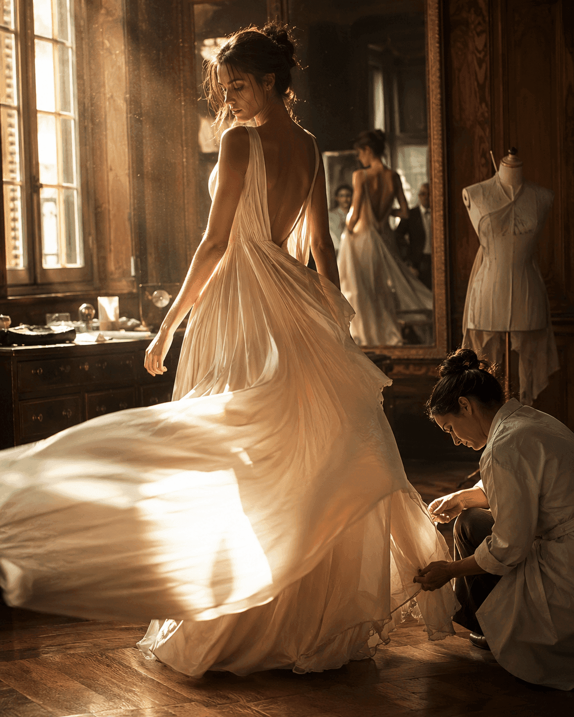 A gown of pale chiffon caught in window light as a couturier kneels to the hem in a panelled atelier.