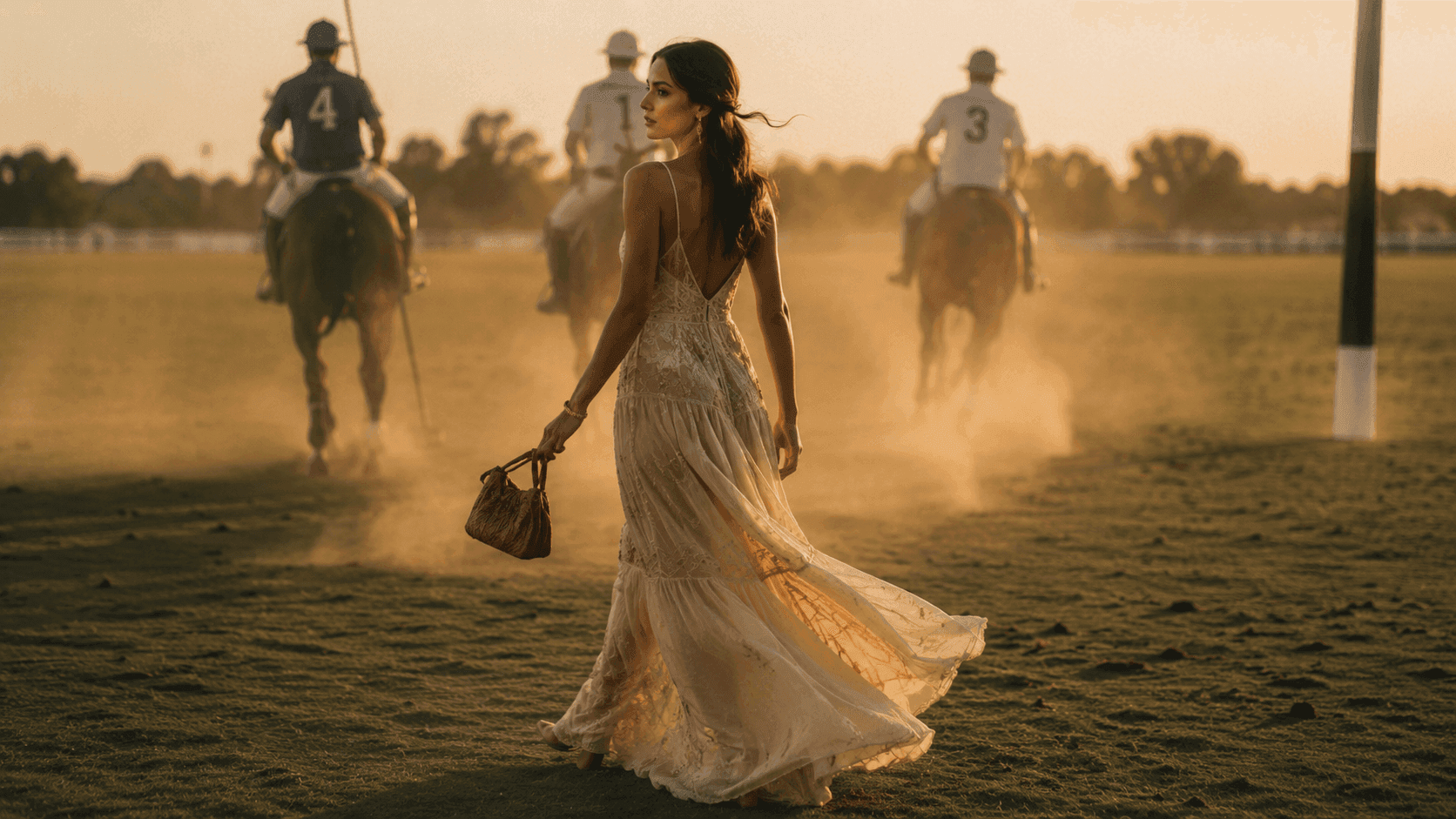 A woman in a beaded gown turning across a polo field at dusk as riders pass through golden dust.