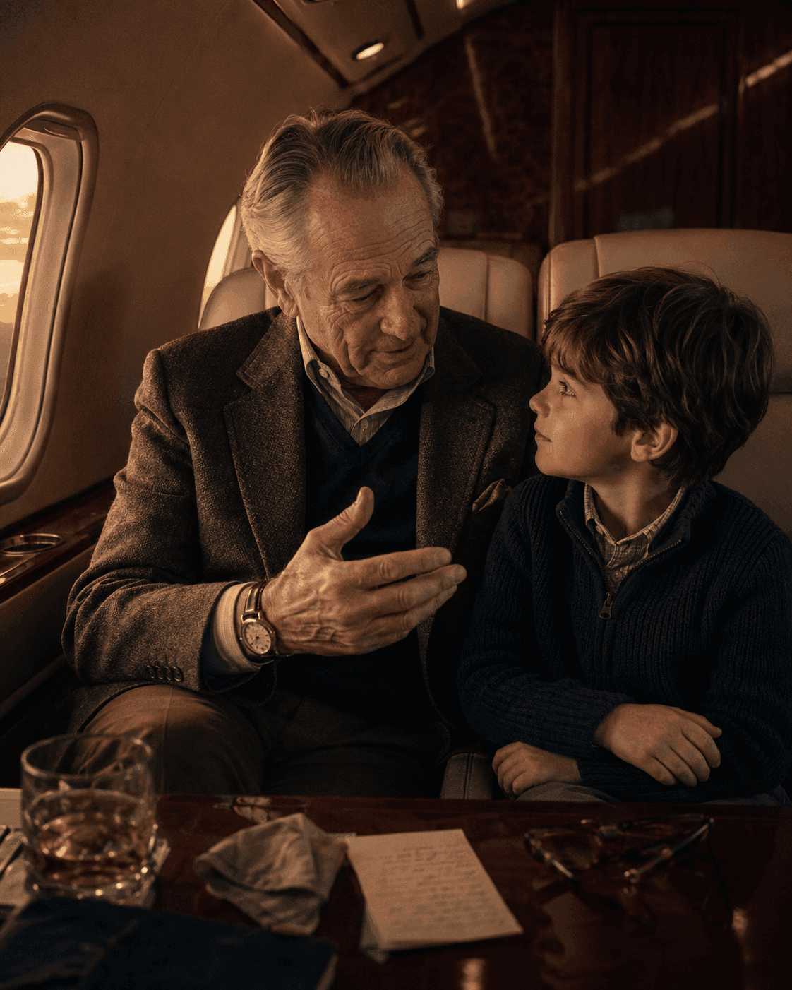 An elder and a child in conversation aboard a private cabin, sunset glowing through the window.
