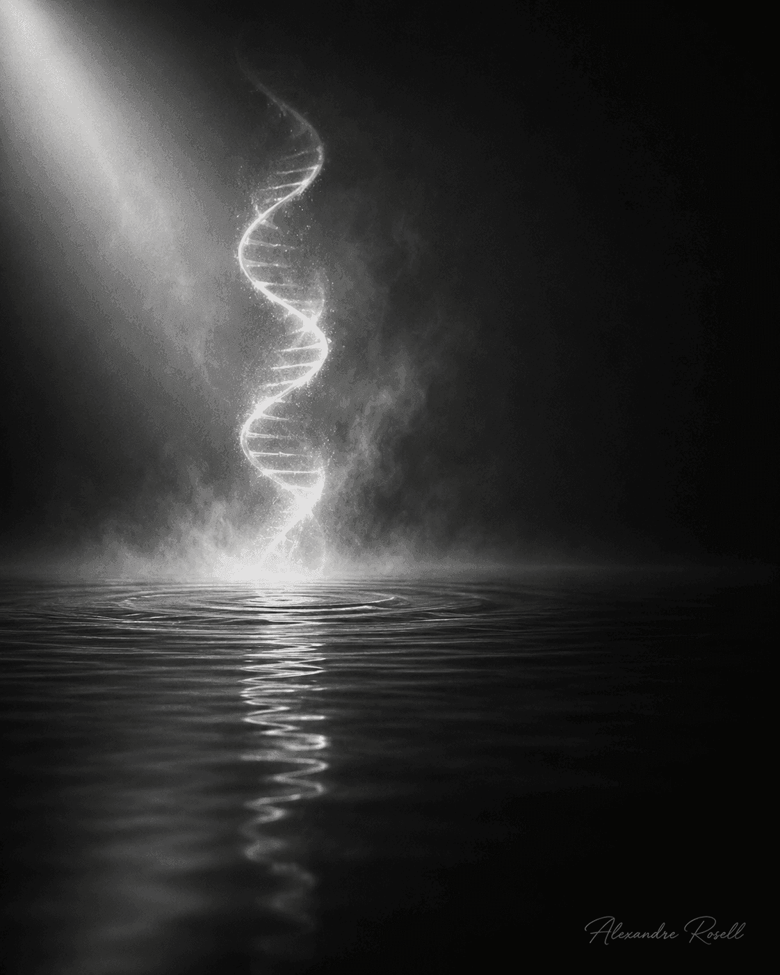 A luminous helix of light rising from still water in a dark, vaporous chamber.