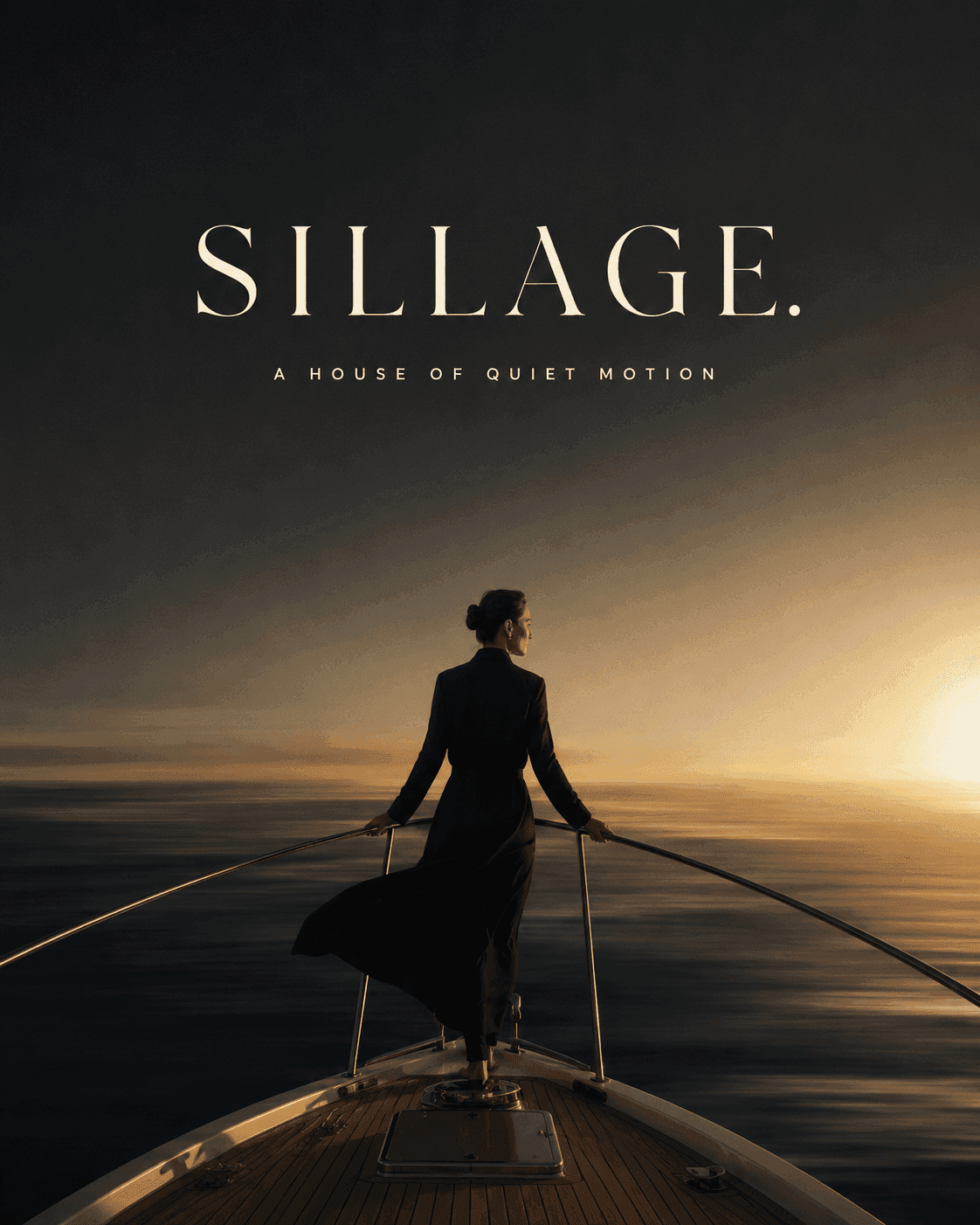 A woman in black at the bow of a yacht at dusk, the sea opening to a low sun, under the line A House of Quiet Motion.
