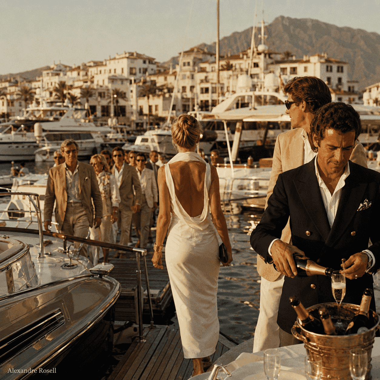 A woman in white crossing the dock at Puerto Banús at golden hour, champagne poured among the moored yachts.