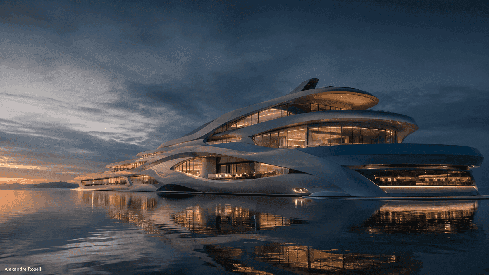 A sculptural megayacht at dusk on still water, its decks glowing, the hull mirrored below.