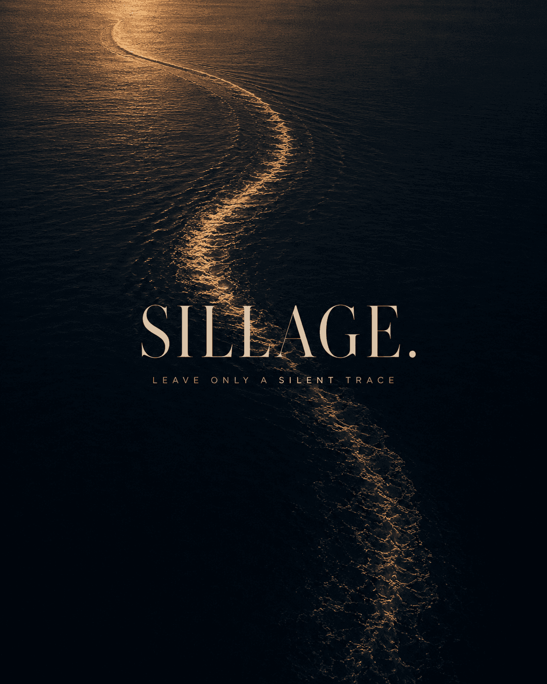 A golden wake curling across dark water seen from above, under the line Leave Only a Silent Trace.